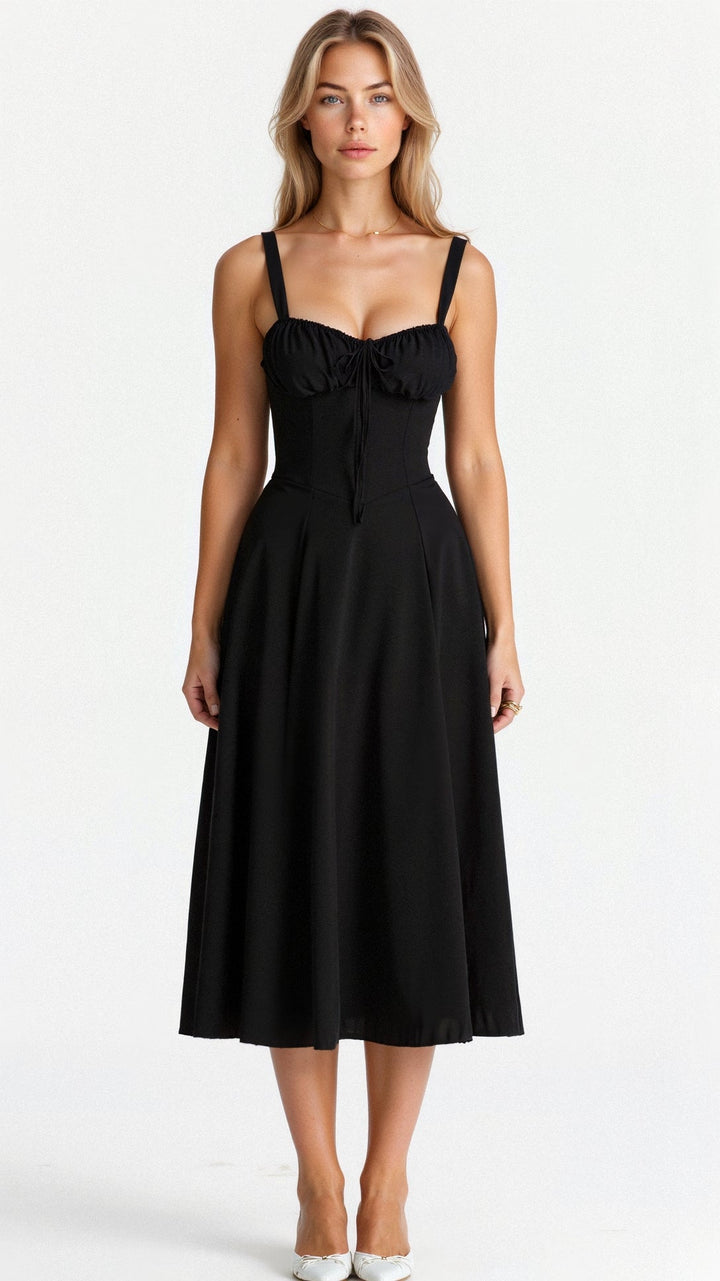 Sleek black corset midi dress with a sweetheart neckline, adjustable tie front, and flared skirt.
