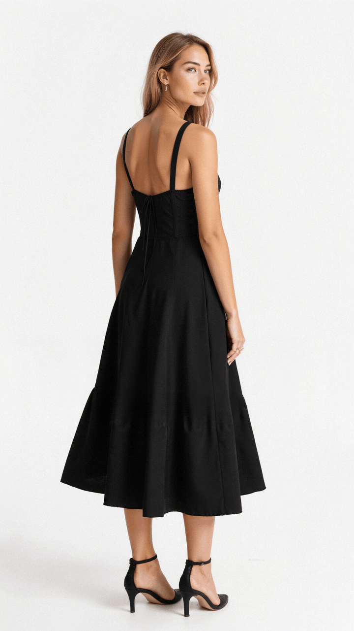 Rear view of a black corset midi dress featuring a lace-up back detail and a full, flowing skirt.