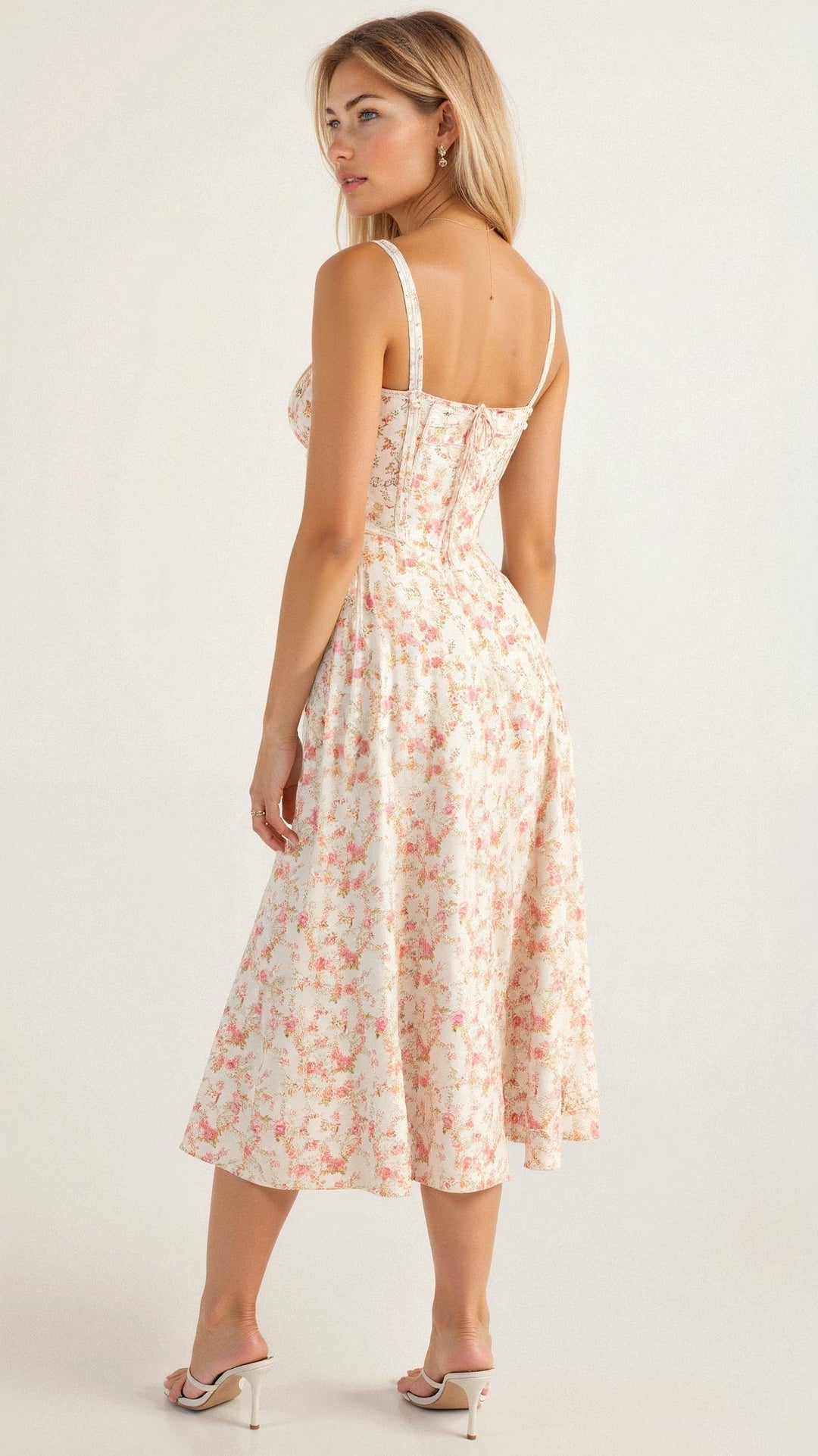 Back of white floral midi dress with pink rose pattern, showing the lace-up corset detail and flowing skirt.