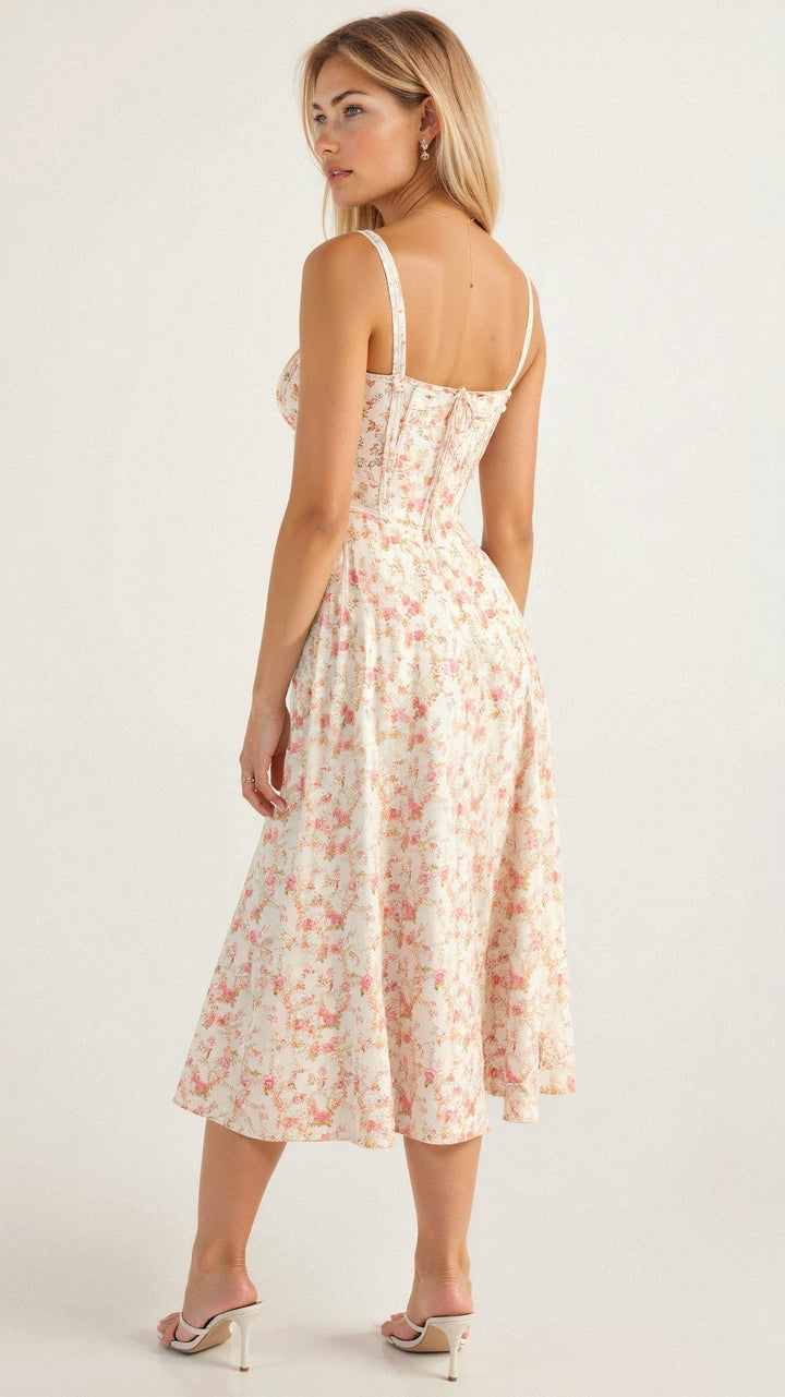 Back of white floral midi dress with pink rose pattern, showing the lace-up corset detail and flowing skirt.