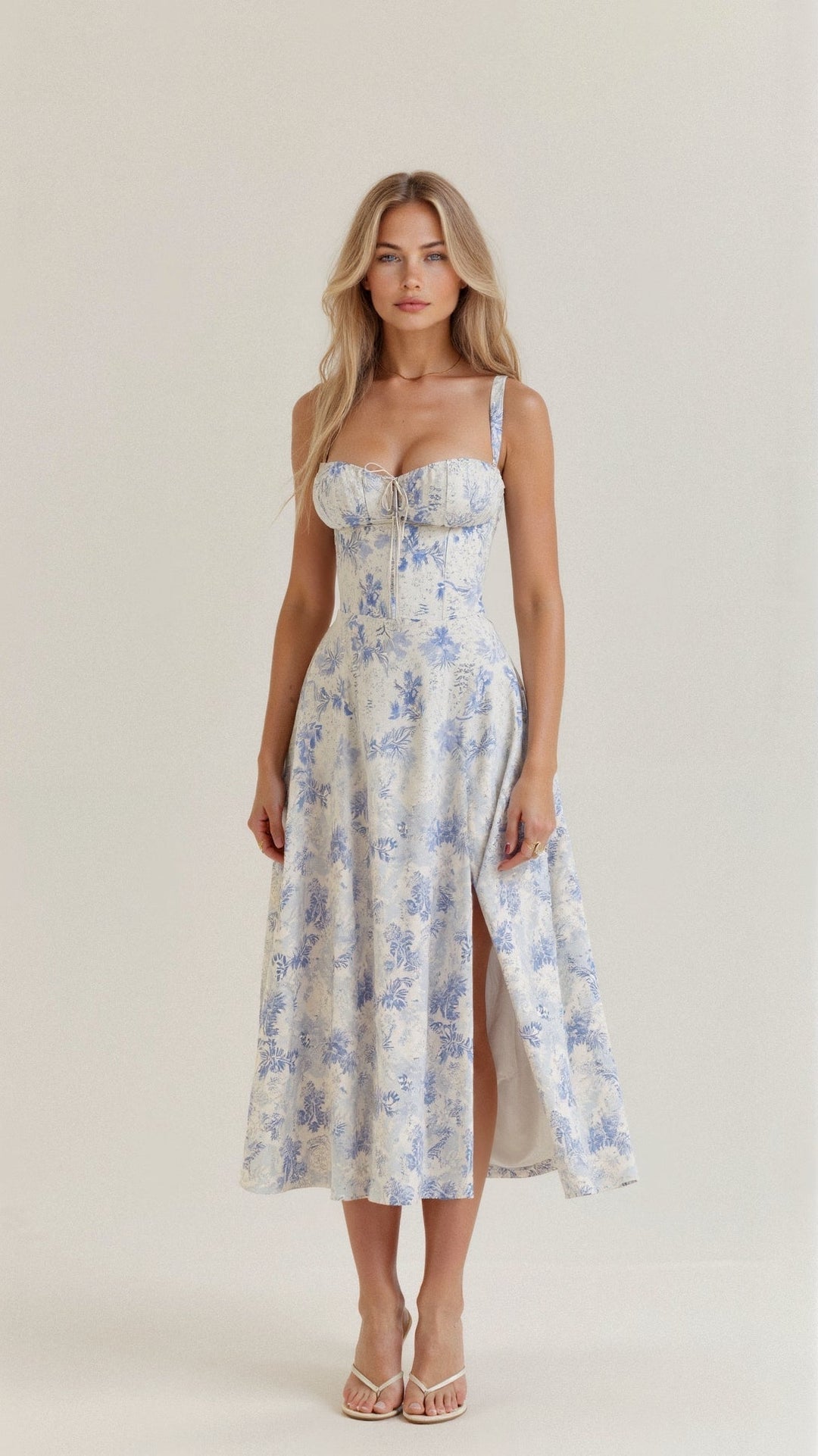 White and blue floral corset midi dress with a front side split and intricate blue floral design.