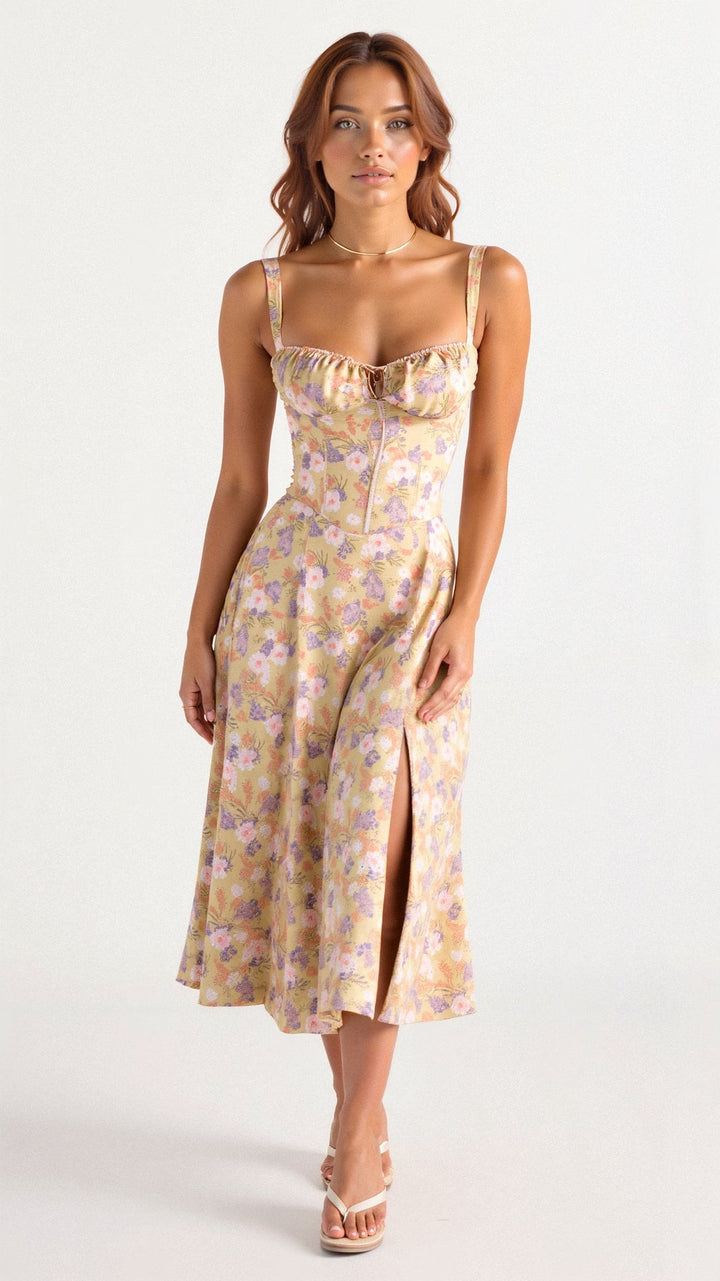 Yellow floral corset midi dress with delicate pink and purple flowers, front side split, and thin straps.