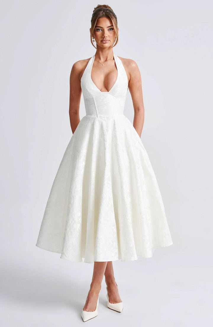 Ivory white halter midi dress with floral jacquard and full skirt