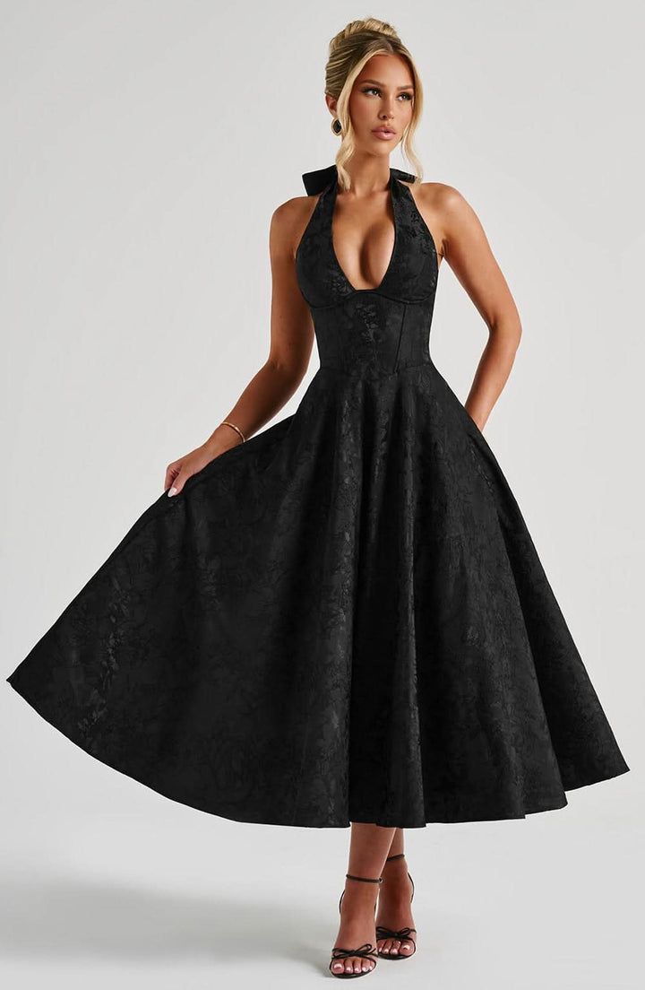 Black jacquard halter midi dress with full A-line skirt