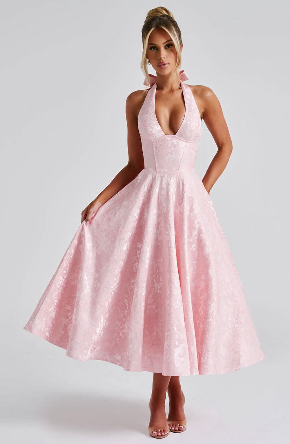 Blush pink halter midi dress with floral jacquard and full skirt