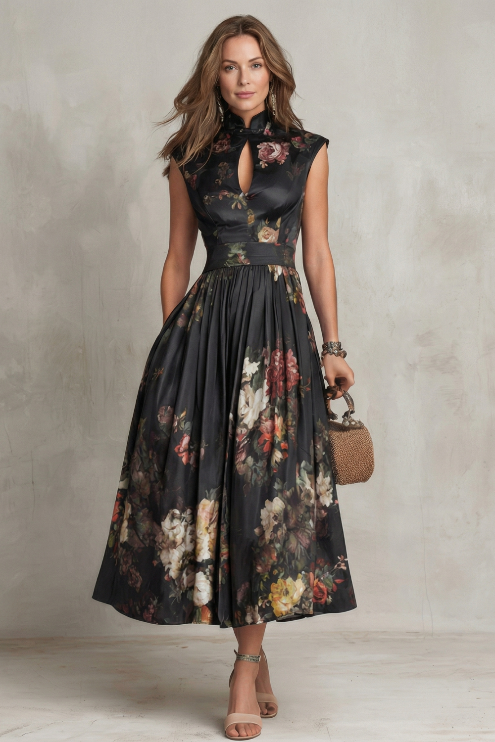 Front view of floral midi dress with fitted bodice and full skirt for wedding guest wear