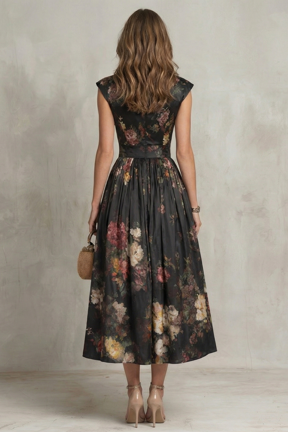 Back view of floral midi dress with fitted waist and pleated skirt for wedding guest outfit