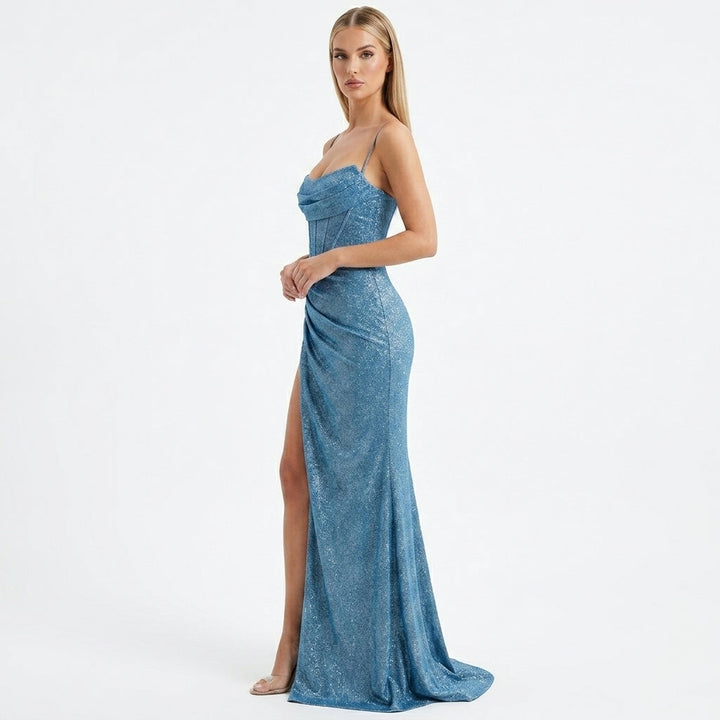Damen Paillettenkleid bodenlang mit hohem Beinschlitz