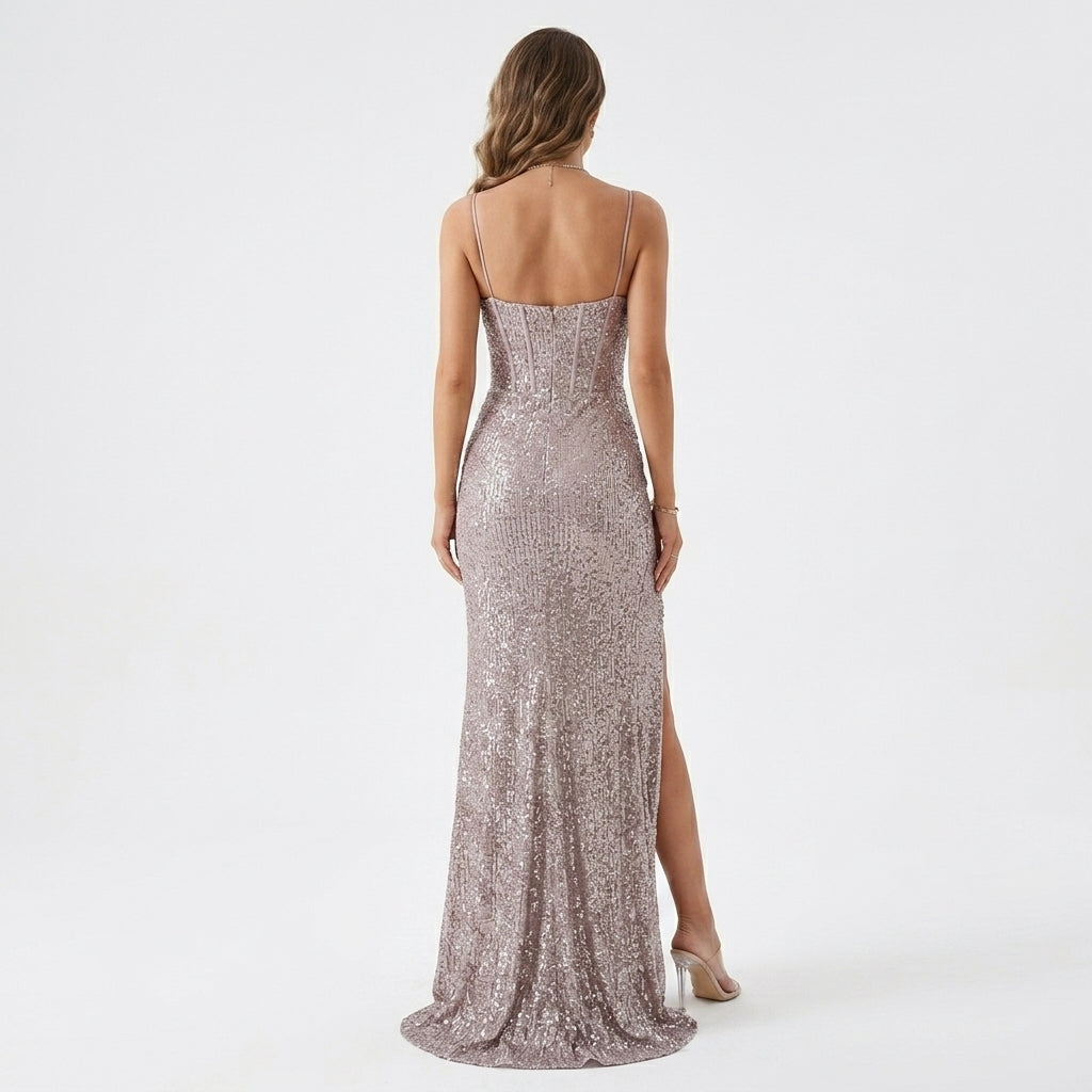 Damen Paillettenkleid bodenlang mit hohem Beinschlitz