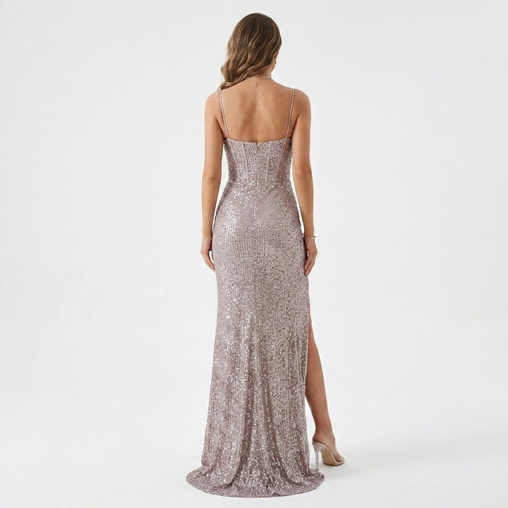 Damen Paillettenkleid bodenlang mit hohem Beinschlitz