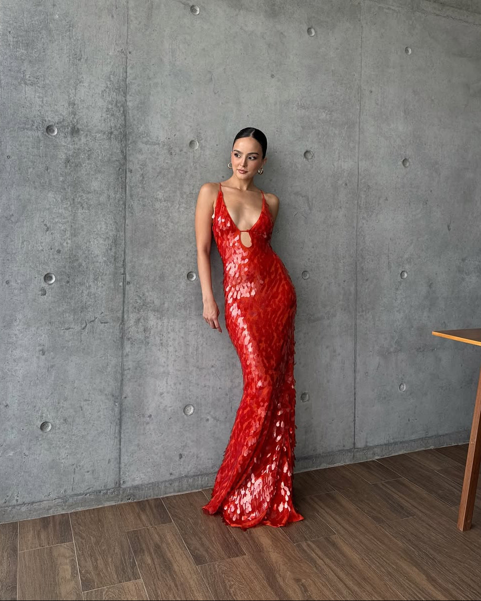 Damen Paillettenkleid bodenlang mit tiefem V-Ausschnitt
