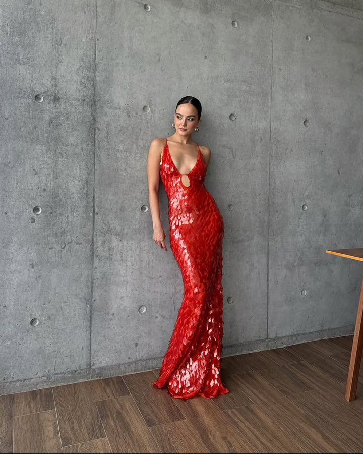 Damen Paillettenkleid bodenlang mit tiefem V-Ausschnitt