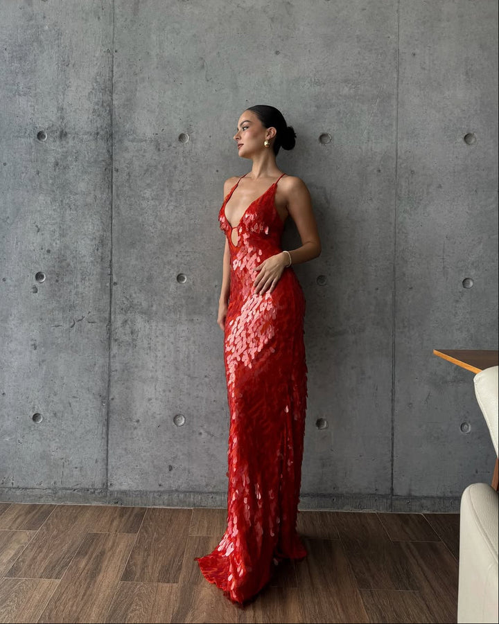 Damen Paillettenkleid bodenlang mit tiefem V-Ausschnitt