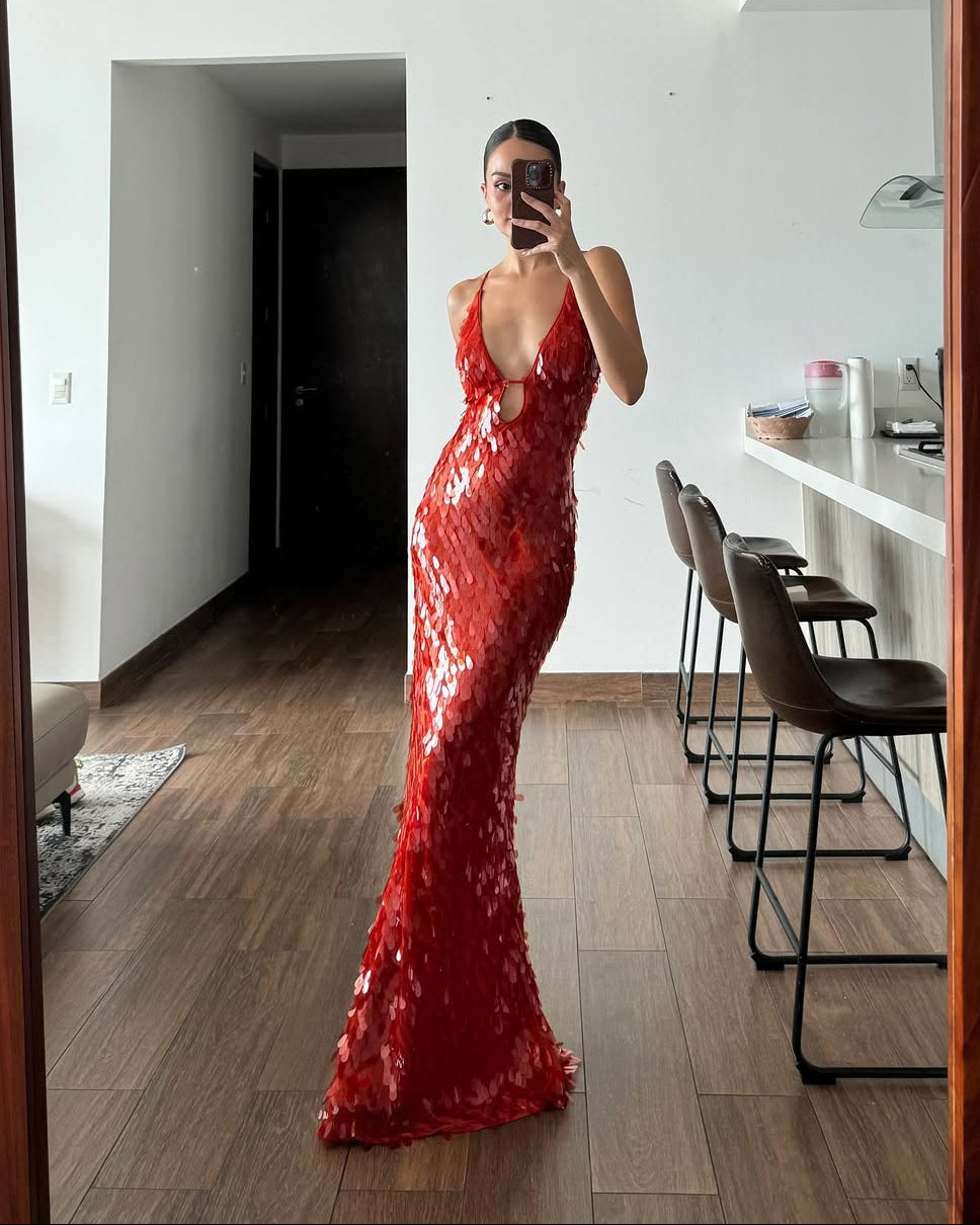Damen Paillettenkleid bodenlang mit tiefem V-Ausschnitt