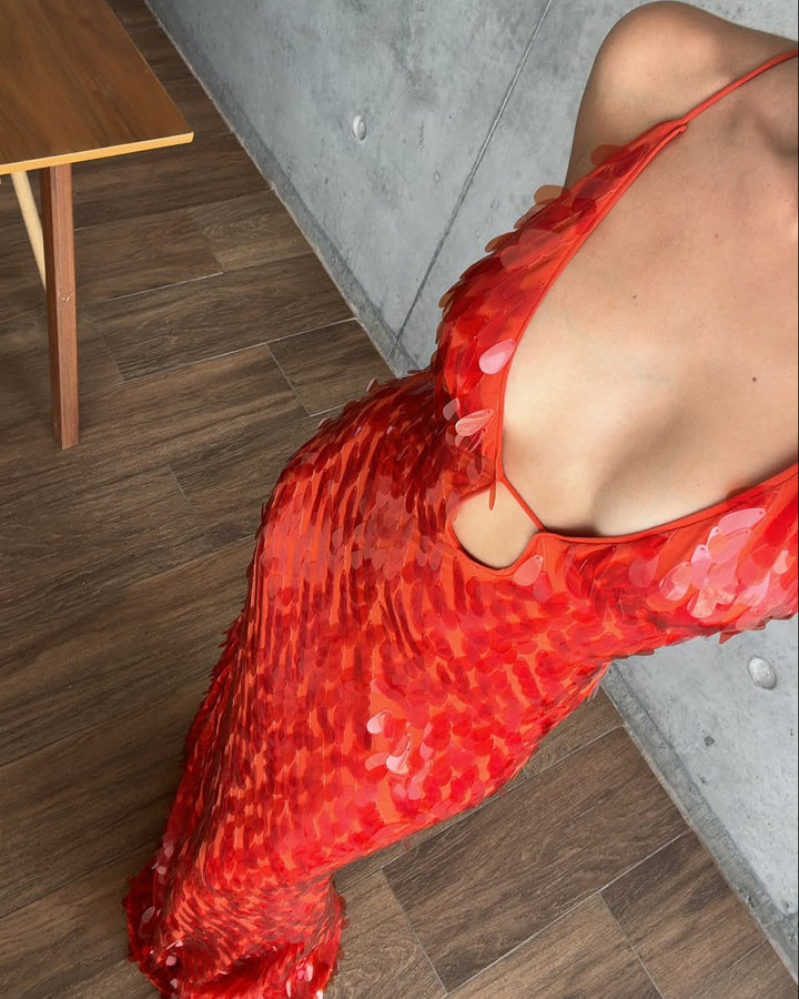 Damen Paillettenkleid bodenlang mit tiefem V-Ausschnitt
