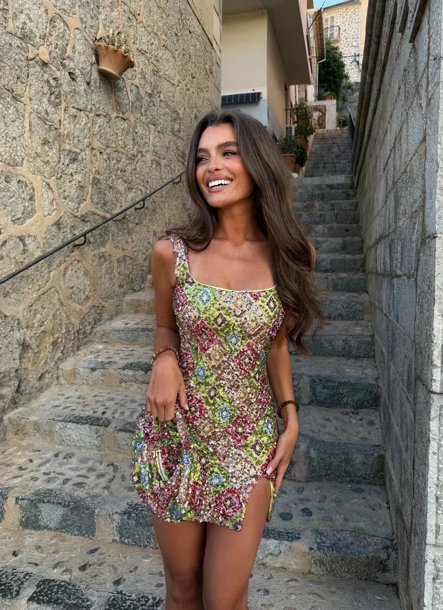 Damen Paillettenkleid mit buntem Mosaikmuster