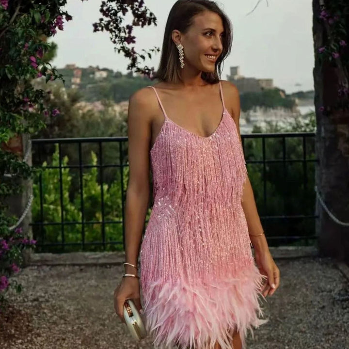 Damen Paillettenkleid mit Fransen und Federn