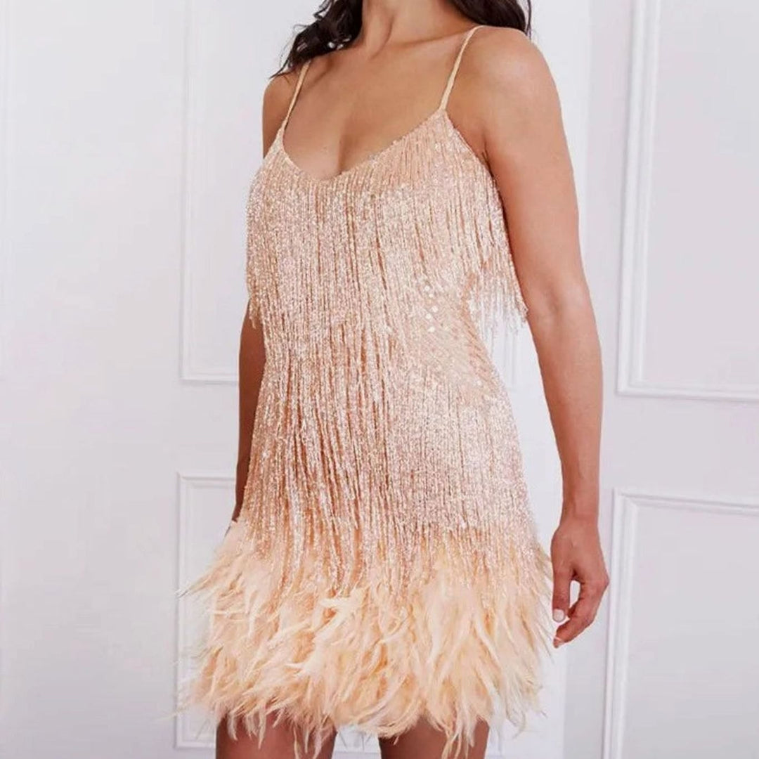 Damen Paillettenkleid mit Fransen und Federn