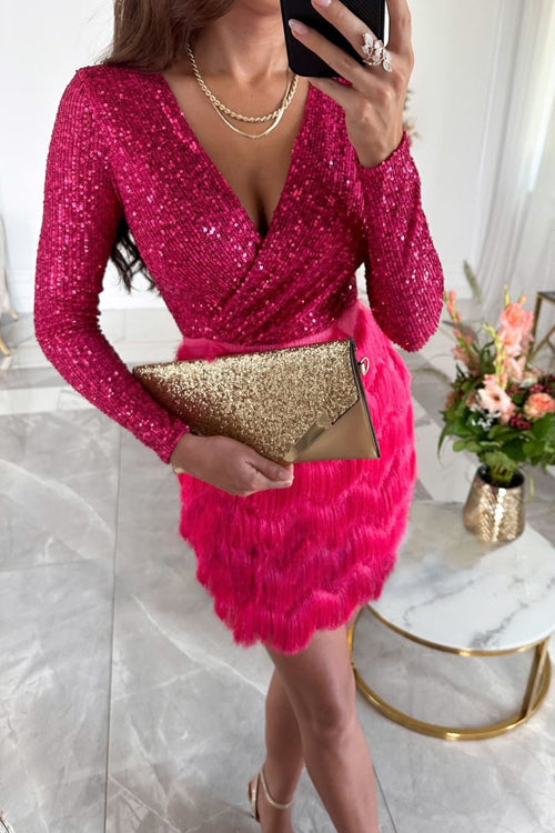 Damen Paillettenkleid mit Fransenrock und V-Ausschnitt