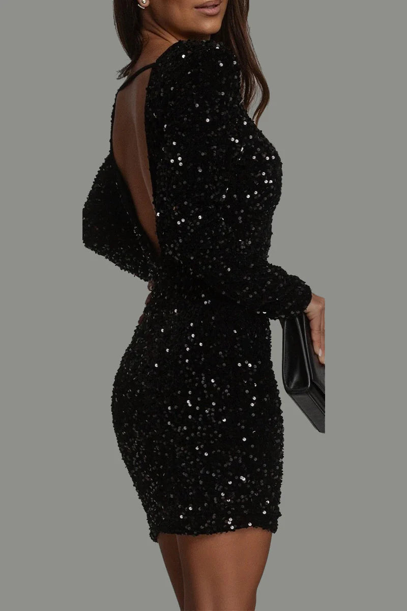 Damen Paillettenkleid mit langen Ärmeln und tiefem Rücken