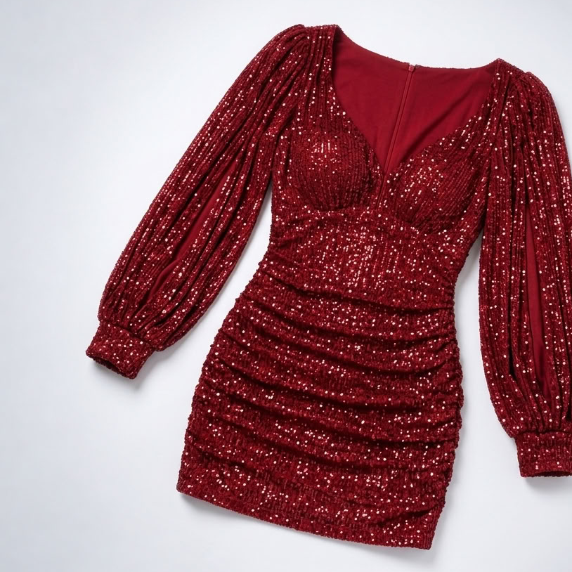 Damen Paillettenkleid mit Schlitzärmeln und V-Ausschnitt