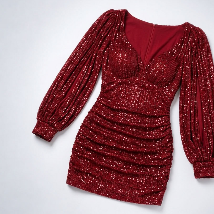 Damen Paillettenkleid mit Schlitzärmeln und V-Ausschnitt