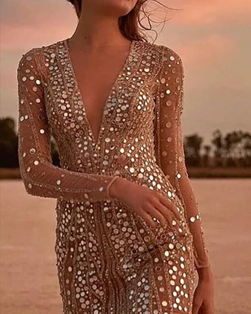 Damen Paillettenkleid mit V-Ausschnitt und Ärmeln