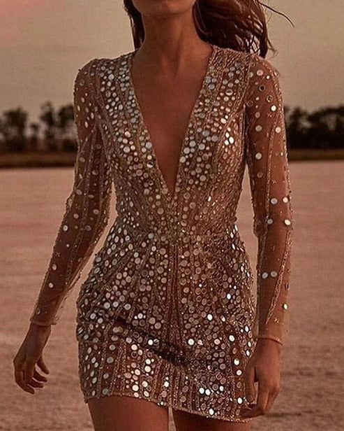 Damen Paillettenkleid mit V-Ausschnitt und Ärmeln