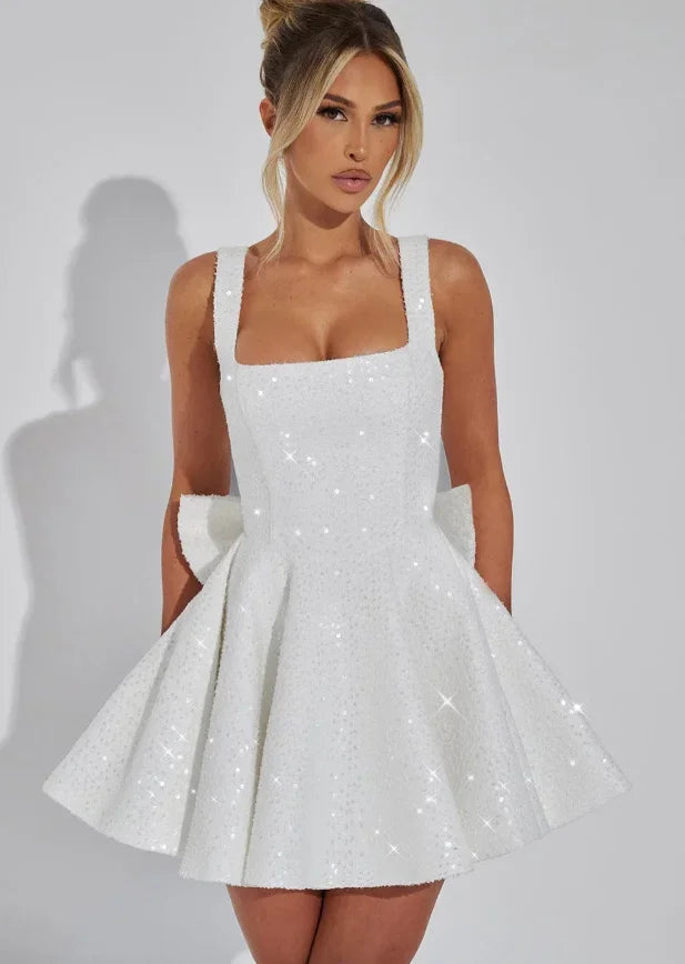 Damen Paillettenkleid mit weitem Rock und Schleife