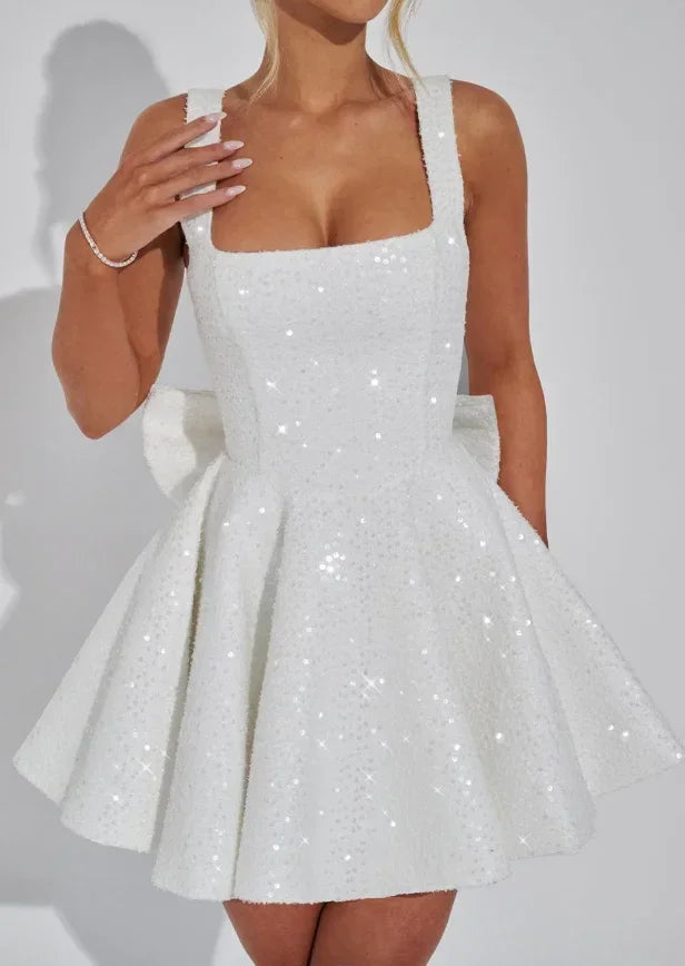 Damen Paillettenkleid mit weitem Rock und Schleife