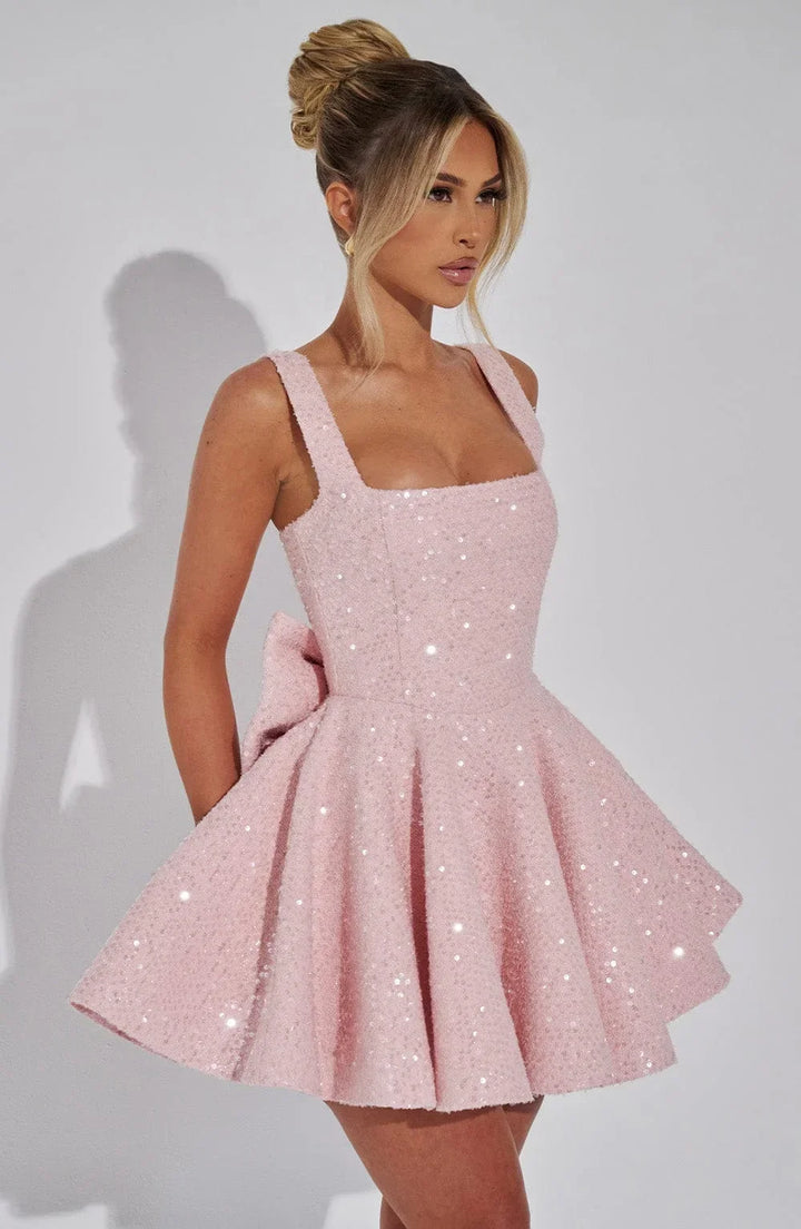 Damen Paillettenkleid mit weitem Rock und Schleife