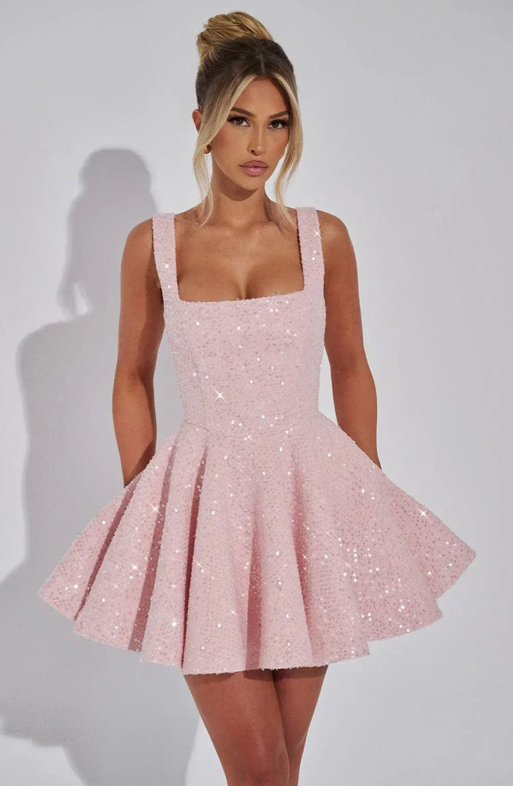 Damen Paillettenkleid mit weitem Rock und Schleife