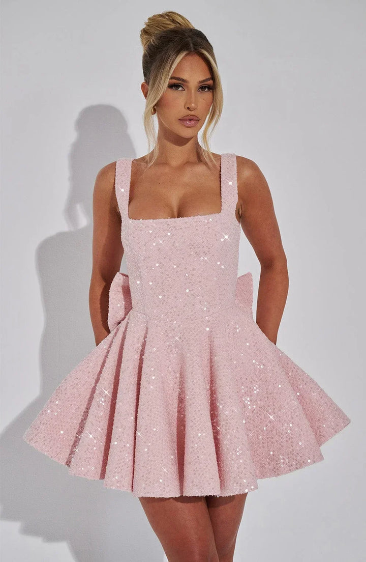 Damen Paillettenkleid mit weitem Rock und Schleife