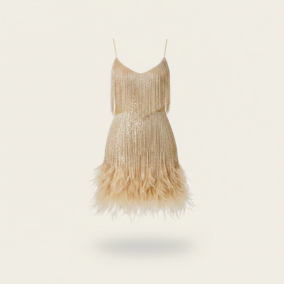 Damen Partykleid mit Fransen und Federbesatz