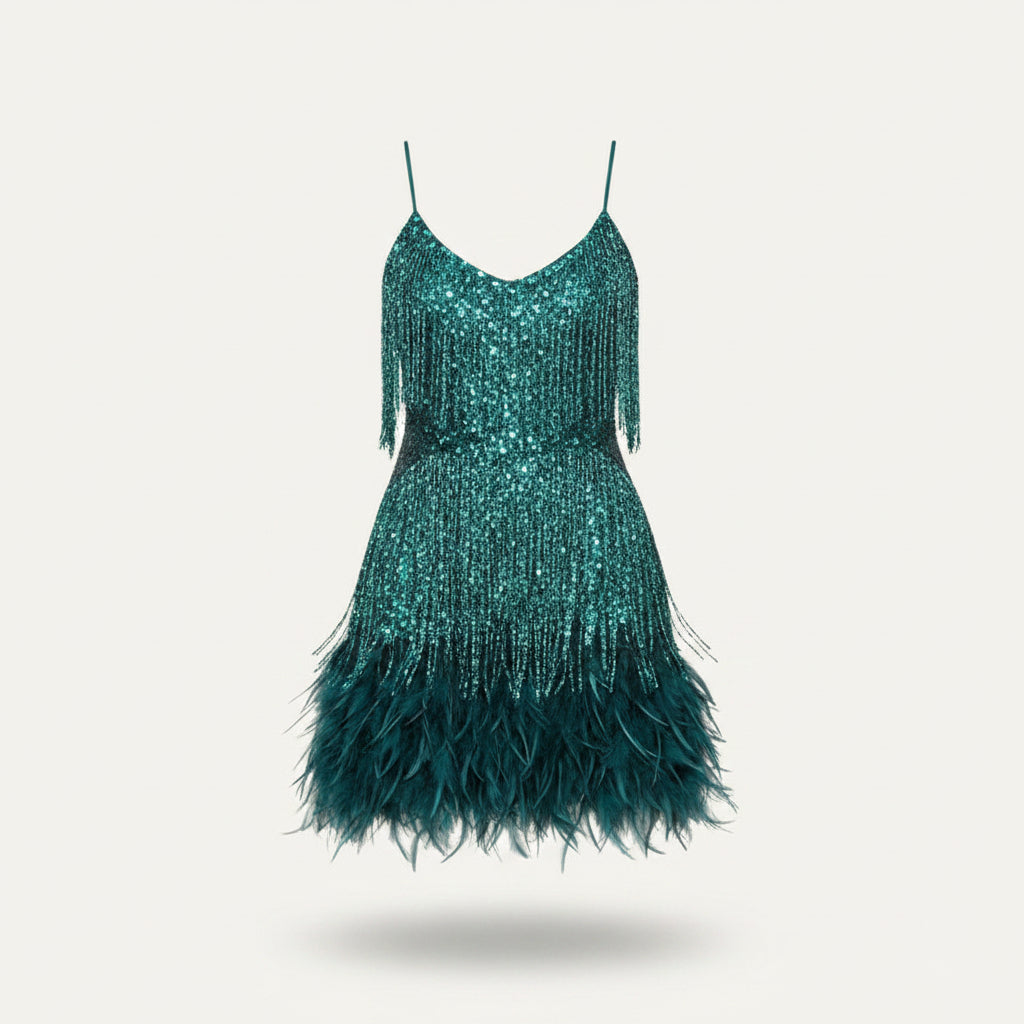 Damen Partykleid mit Fransen und Federbesatz