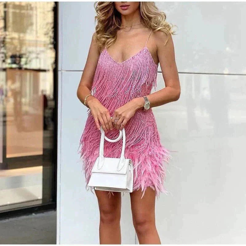 Damen Partykleid mit Fransen und Federsaum