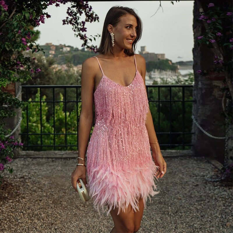 Damen Partykleid mit Fransen und Federsaum