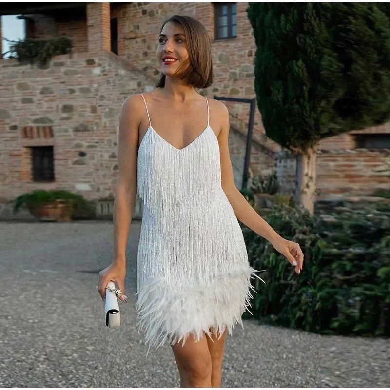 Damen Partykleid mit Fransen und V-Ausschnitt