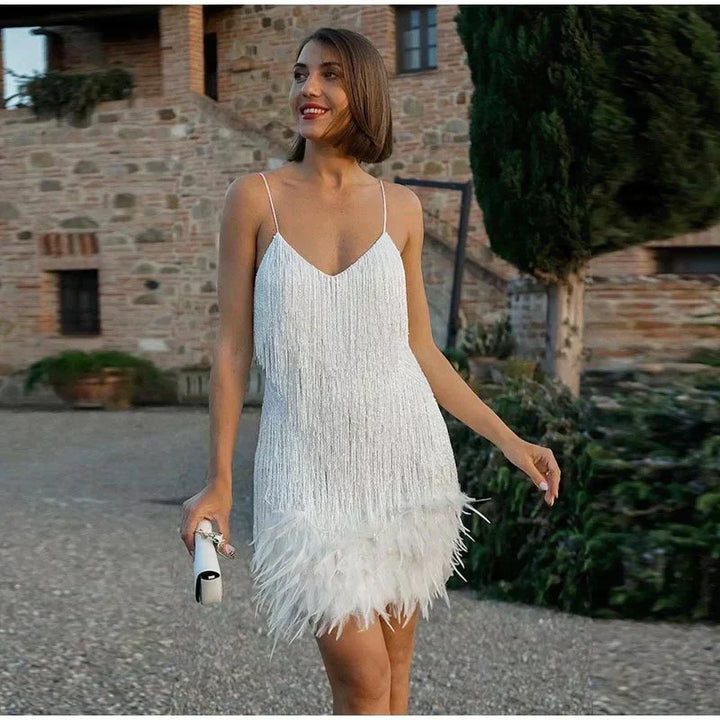 Damen Partykleid mit Fransen und V-Ausschnitt