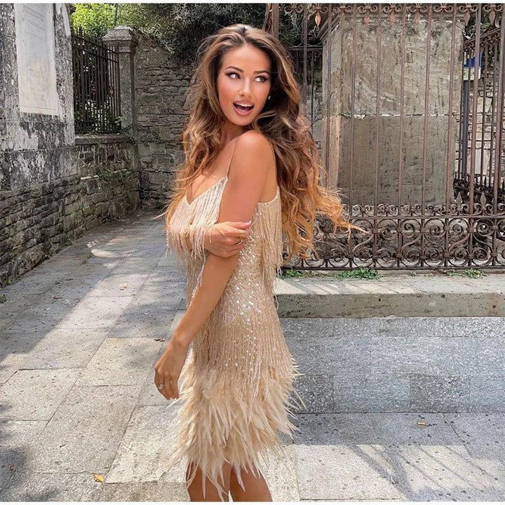 Damen Partykleid mit Fransen und V-Ausschnitt