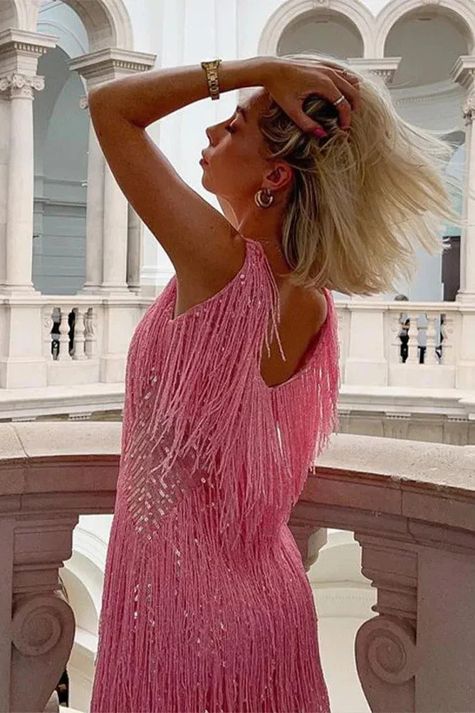 Damen Partykleid mit Paillettenfransen und V-Ausschnitt