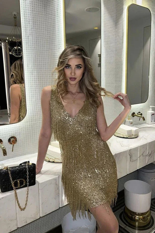 Damen Partykleid mit Paillettenfransen und V-Ausschnitt