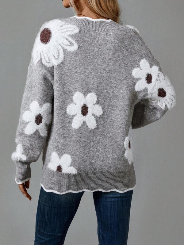 Damen Pullover mit Blumenmuster für kalte Tage - Grau