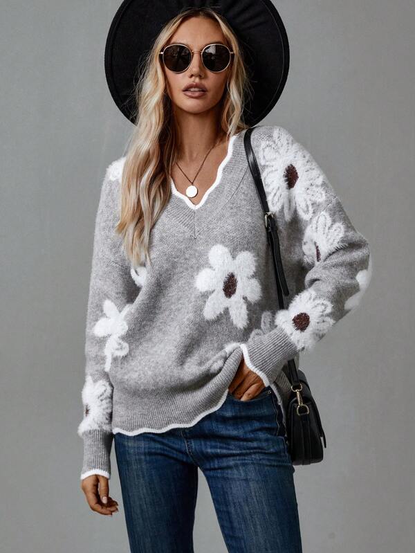 Damen Pullover mit Blumenmuster für kalte Tage - Grau