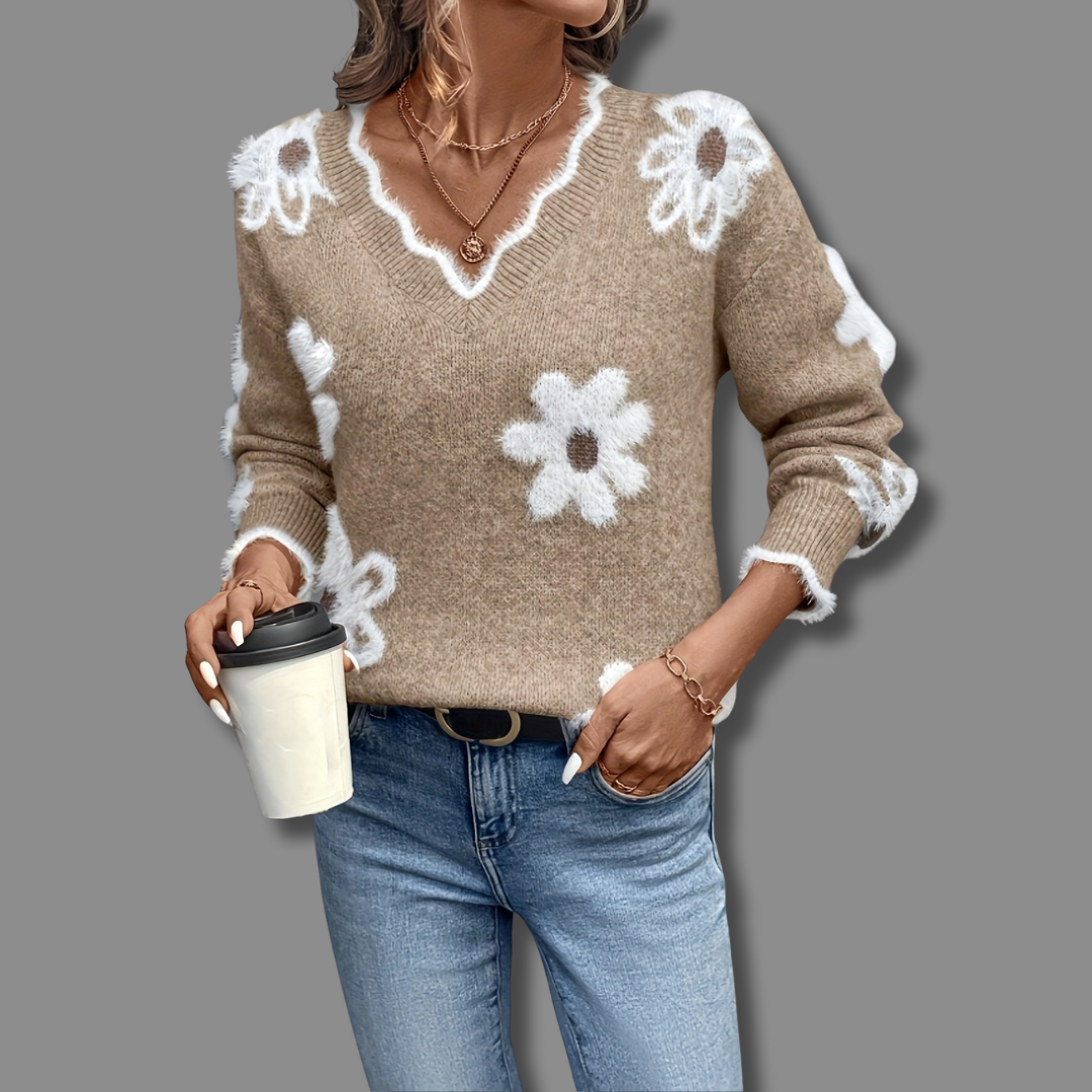 Damen Pullover mit Blumenmuster für kalte Tage - Grau