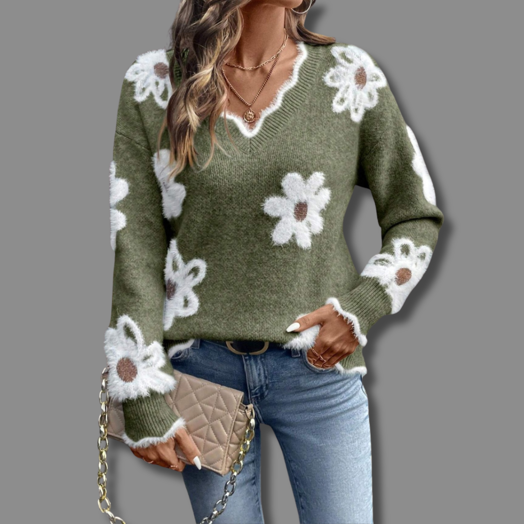 Damen Pullover mit Blumenmuster für kalte Tage - Grau