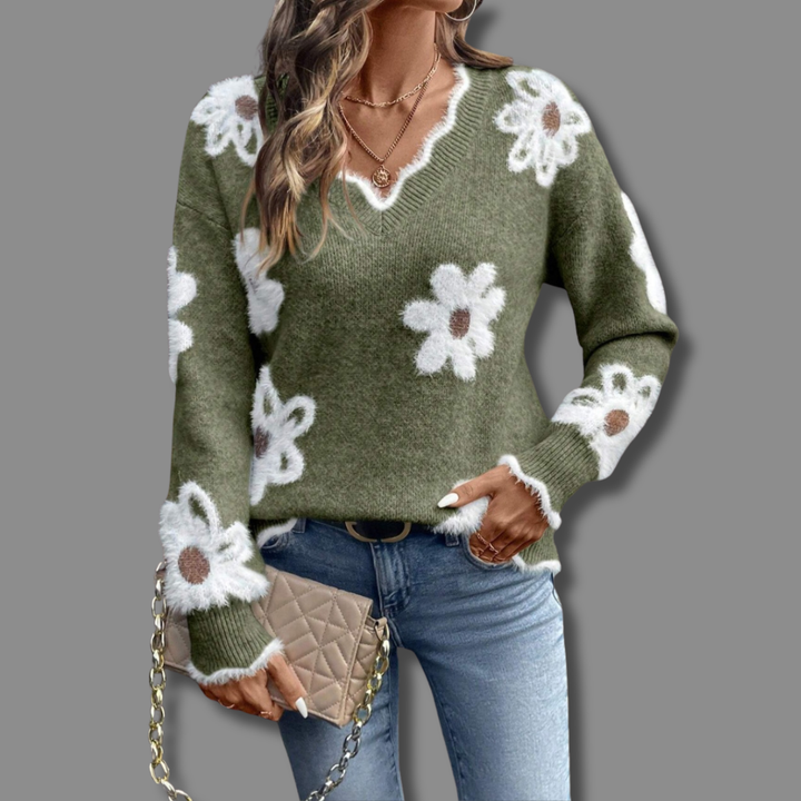 Damen Pullover mit Blumenmuster für kalte Tage - Grau
