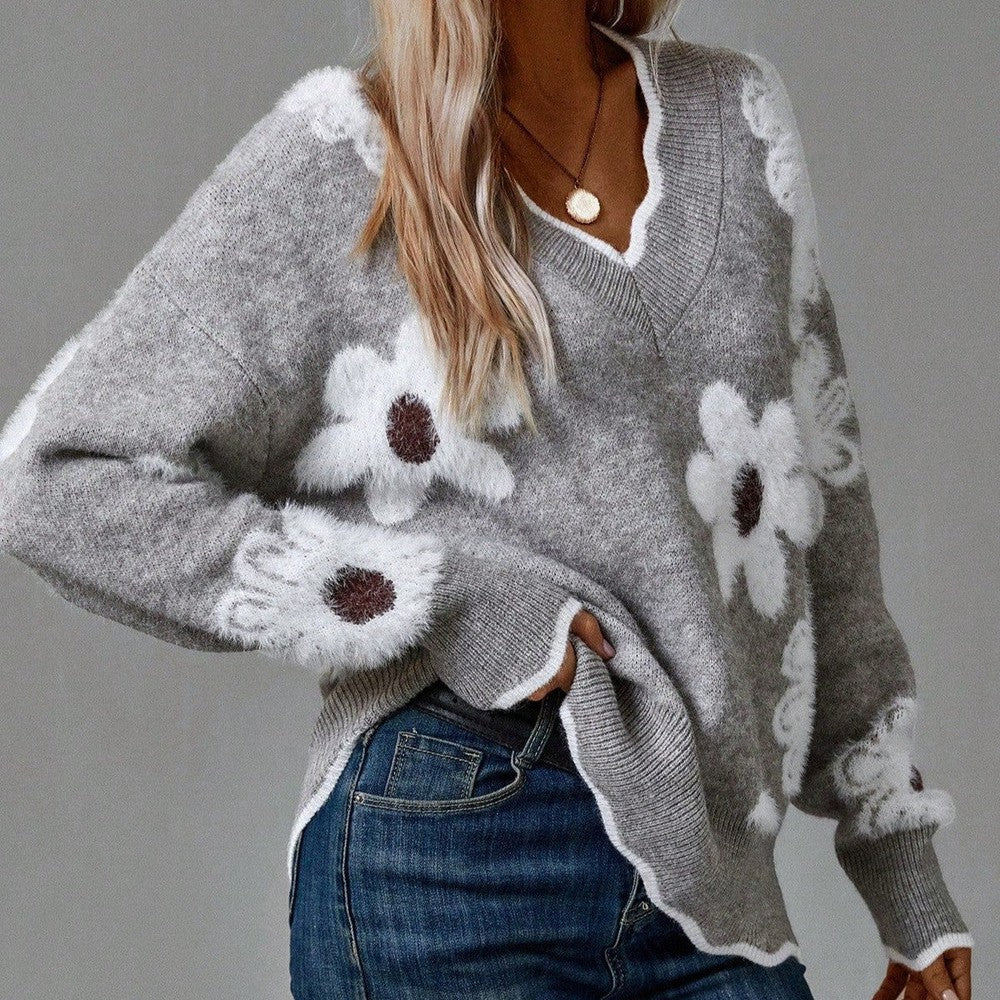 Damen Pullover mit Blumenmuster für kalte Tage - Grau