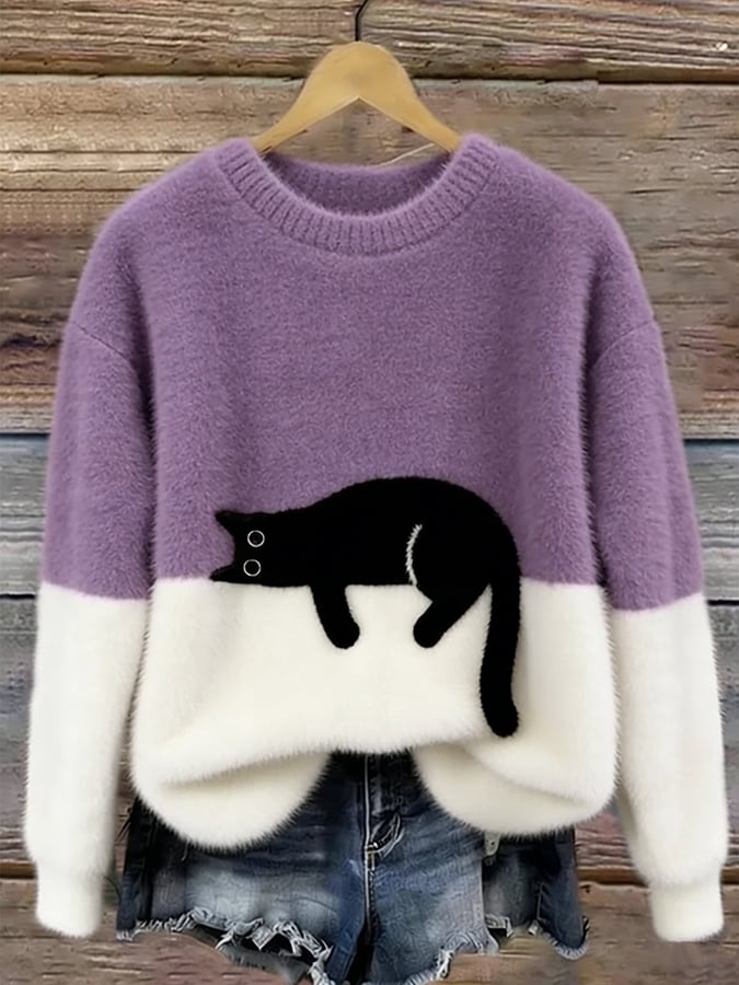 Damen Pullover mit Katzenmotiv und Kontrastfeldern