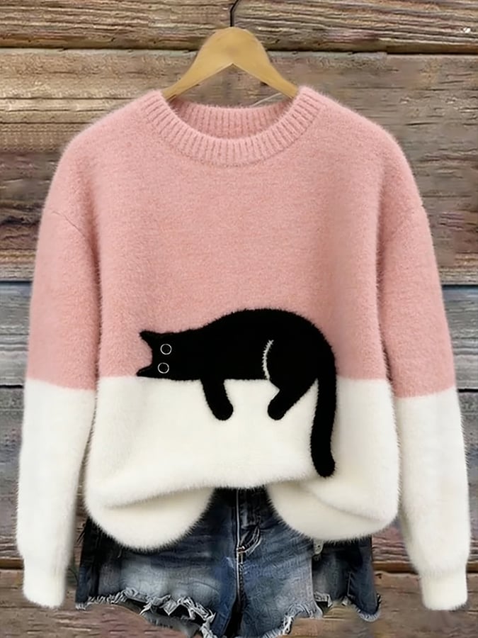 Damen Pullover mit Katzenmotiv und Kontrastfeldern